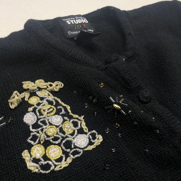 STUDIO JOY Christmas Sweater Sz S Silver Gold Jeweled Trees Designers Originals - Picture 3 of 9